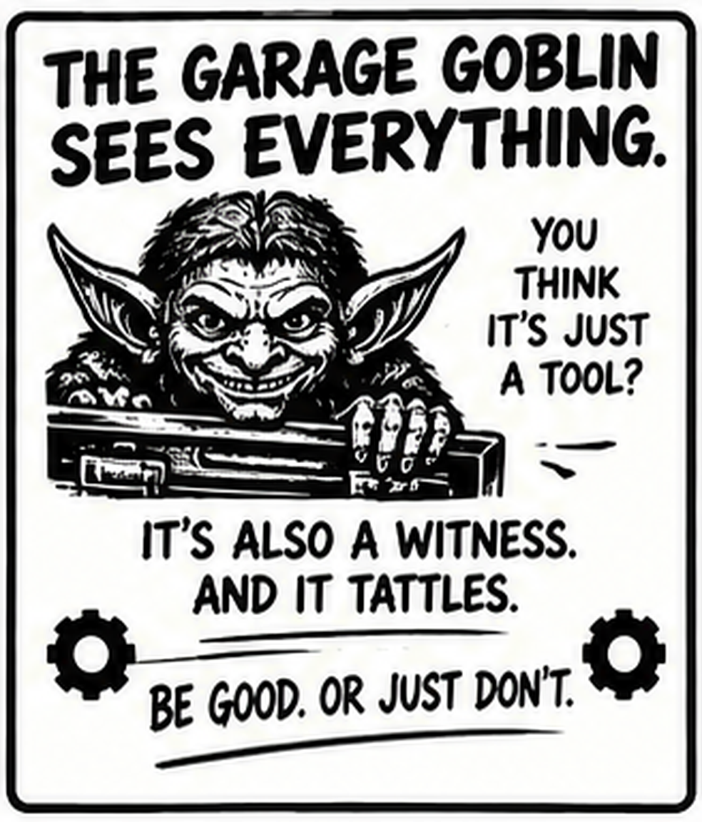 The Garage Goblin Sees Everything - garage sign