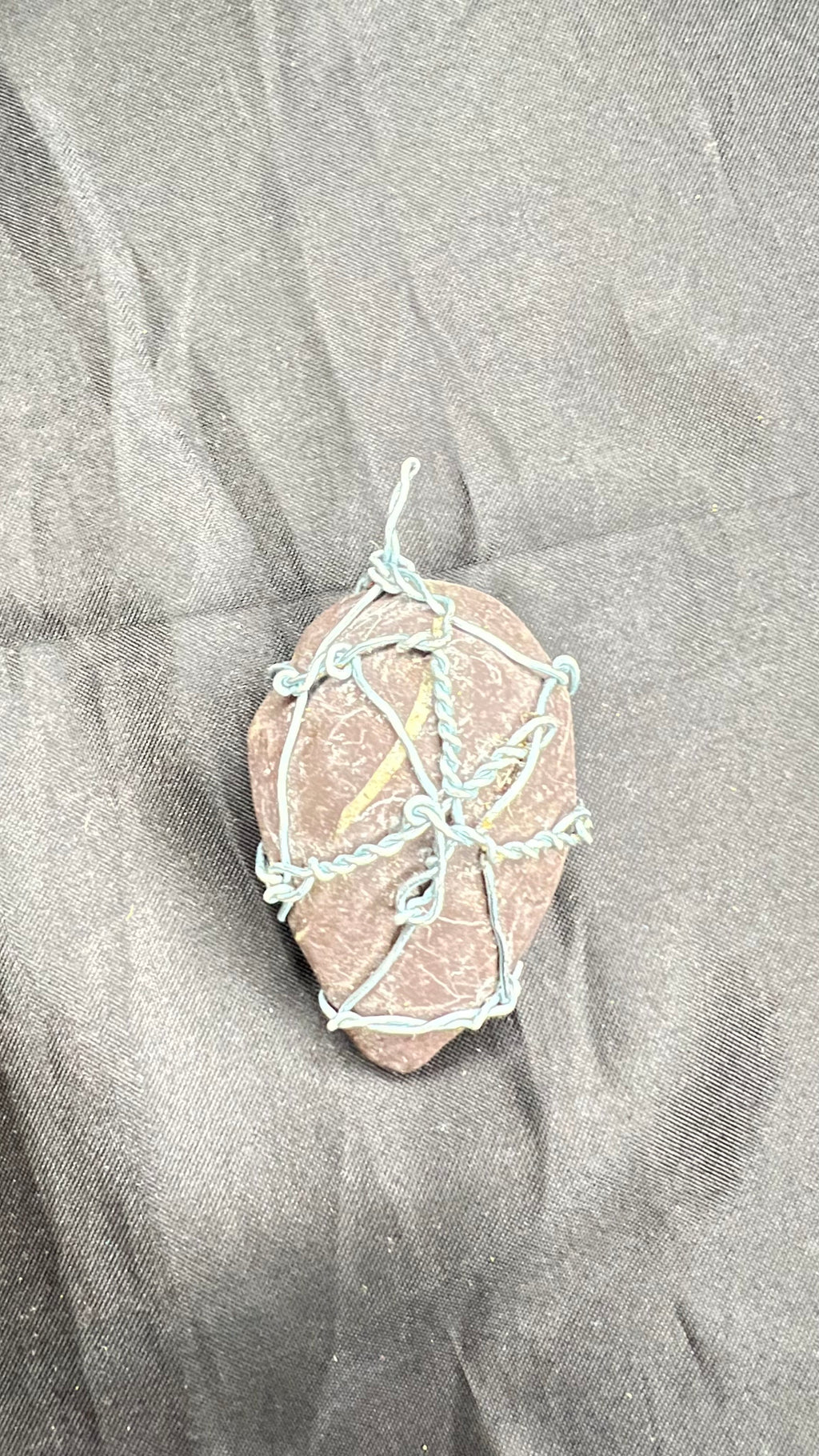 The Leaf-Marked One — Mauve Stone Pendant in a Hand-Woven Wire Net, Blessed — One of One