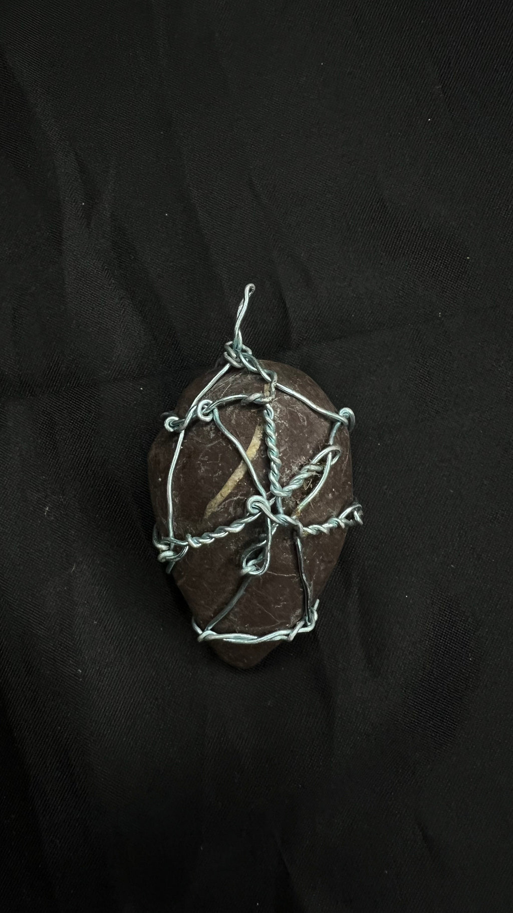 The Leaf-Marked One — Mauve Stone Pendant in a Hand-Woven Wire Net, Blessed — One of One