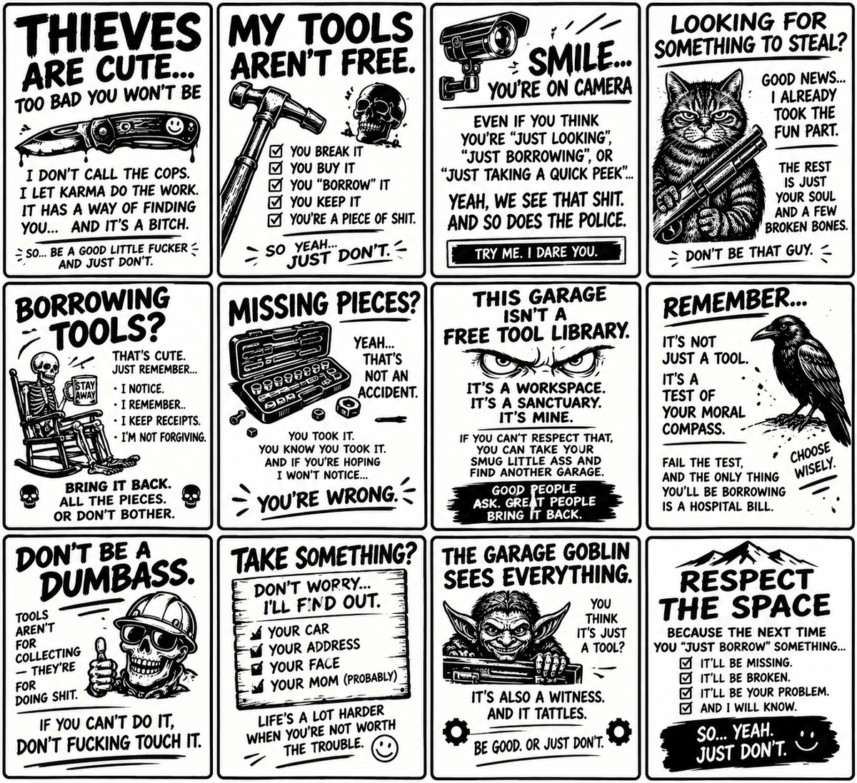 All twelve garage signs on one sheet