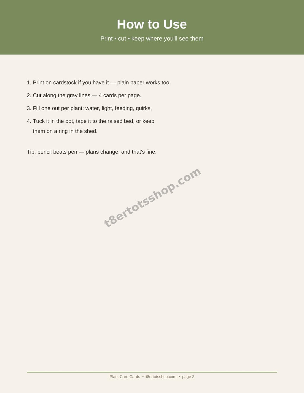 Plant Care Cards — Printable Cards