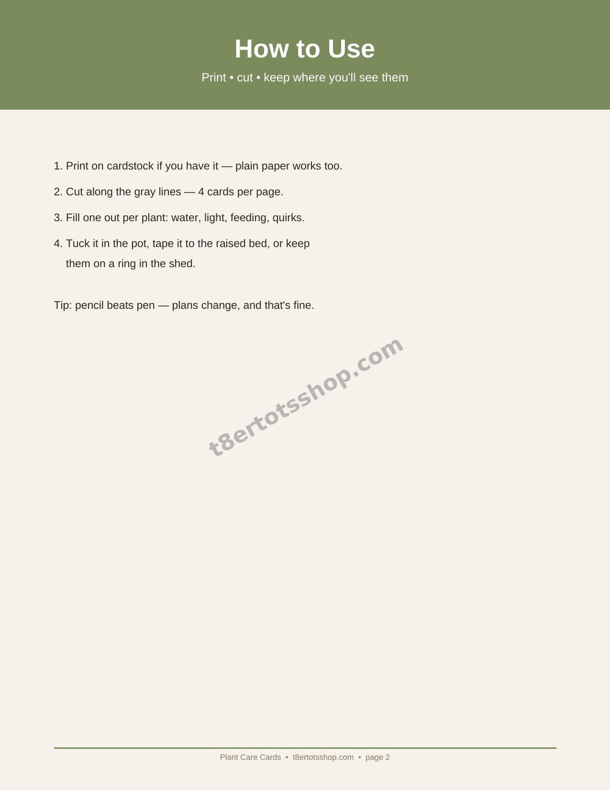 Plant Care Cards — Printable Cards