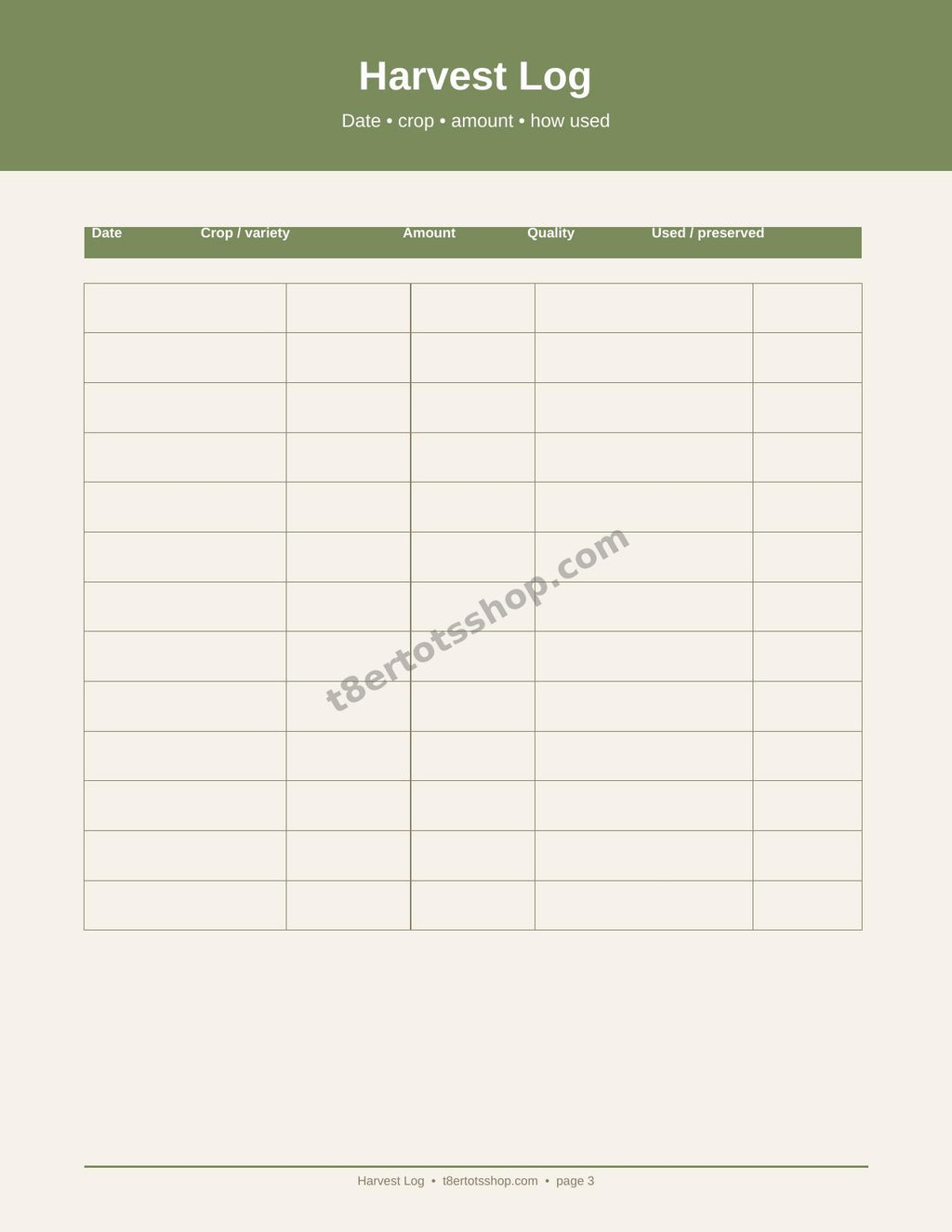 Harvest Log — 8 Printable Pages