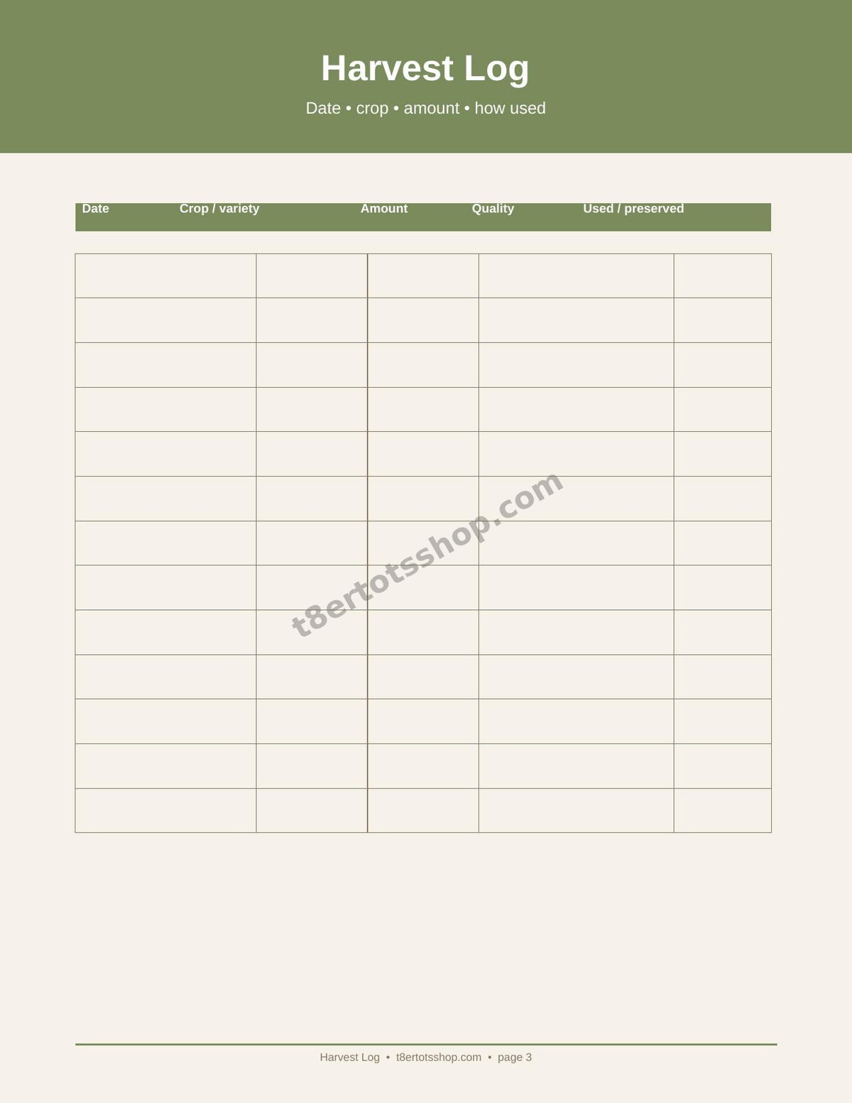 Harvest Log — 8 Printable Pages