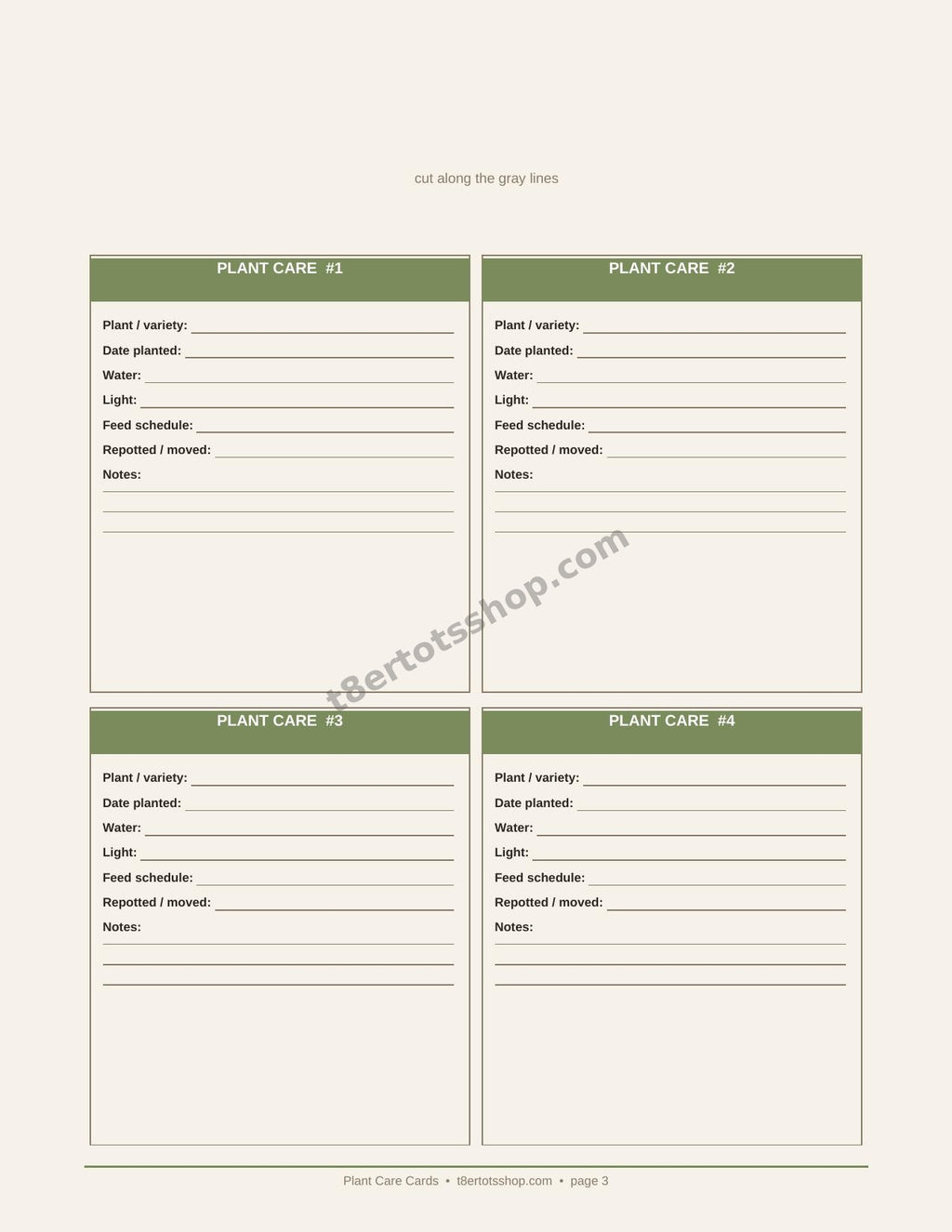Plant Care Cards — Printable Cards