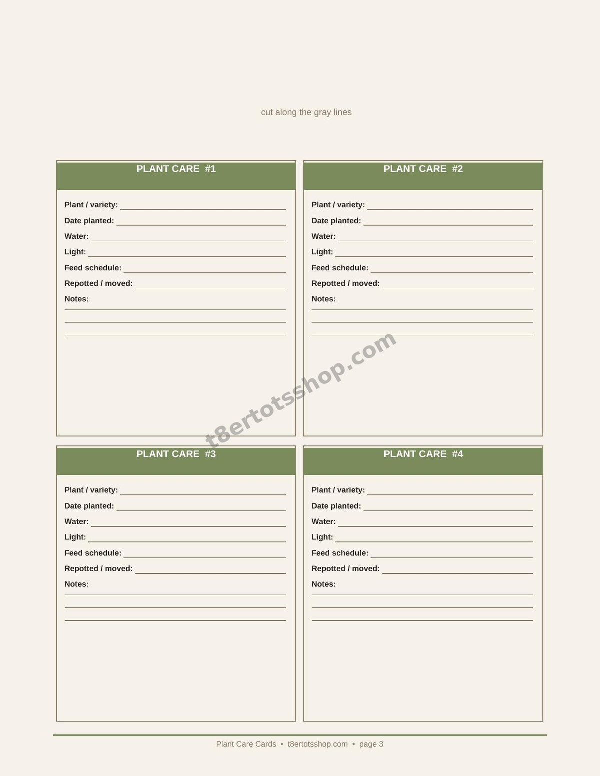 Plant Care Cards — Printable Cards