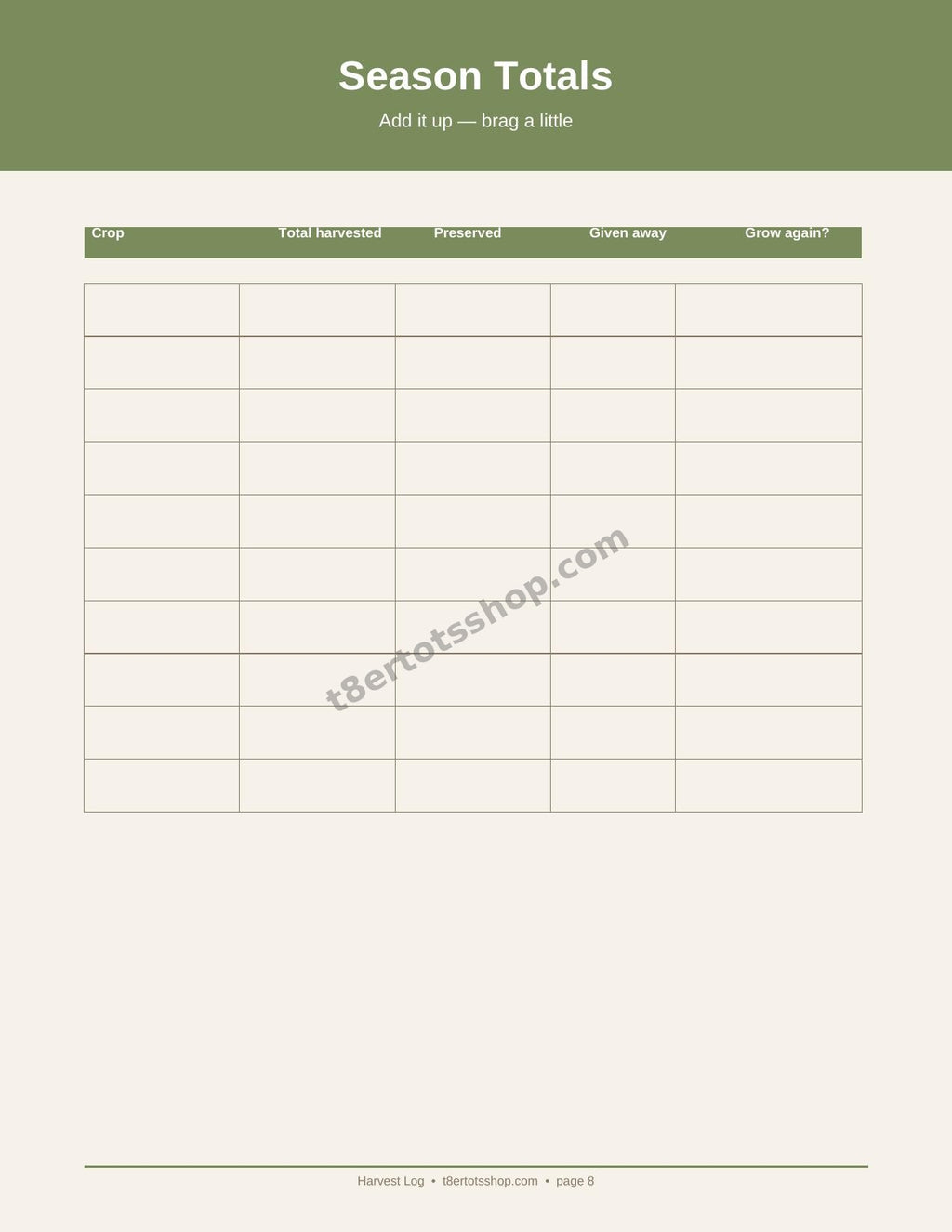 Harvest Log — 8 Printable Pages