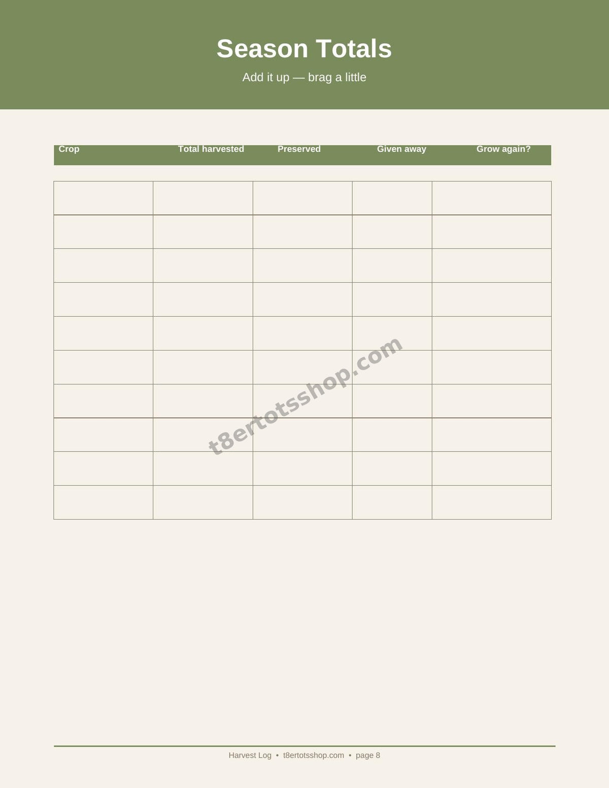 Harvest Log — 8 Printable Pages