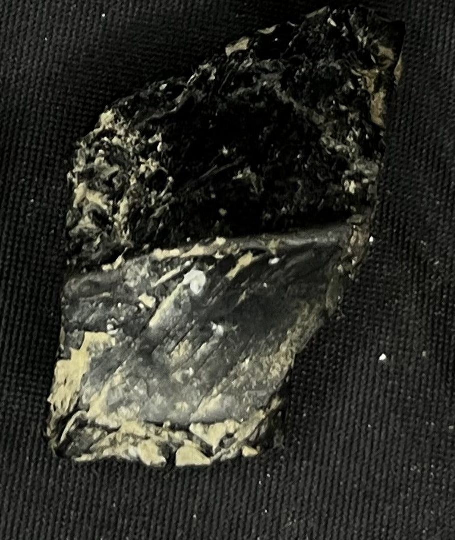 The Night Glass — raw black glassy chunk with a smooth fracture face on black cloth