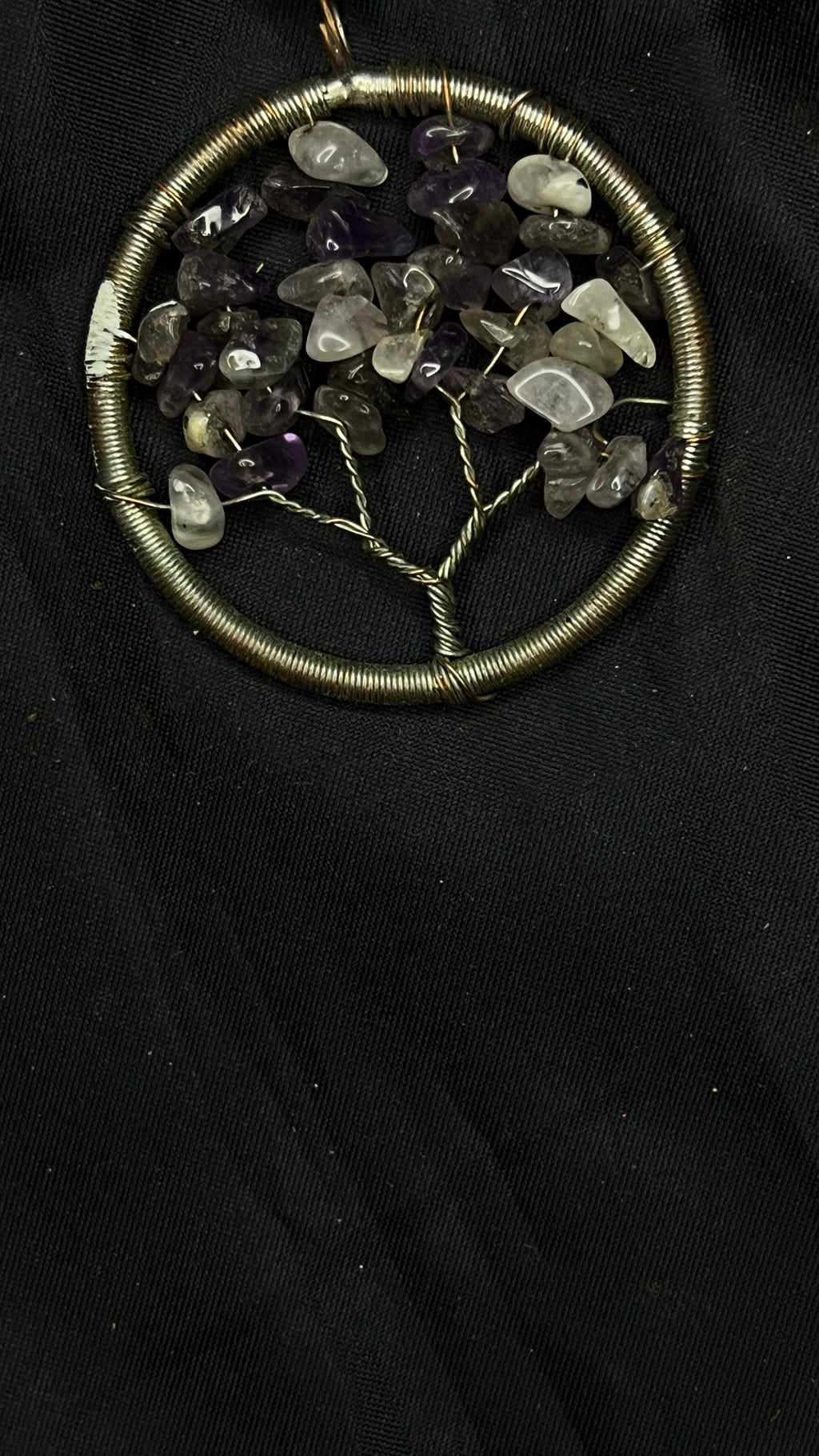 The Amethyst Tree — Tree of Life pendant with amethyst and clear quartz chips in a brass-tone wire ring