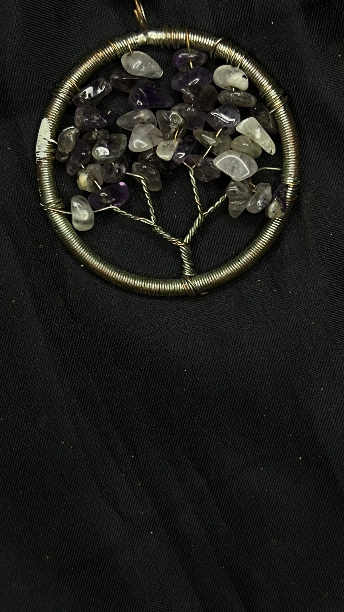 The Amethyst Tree — Tree of Life pendant with amethyst and clear quartz chips in a brass-tone wire ring