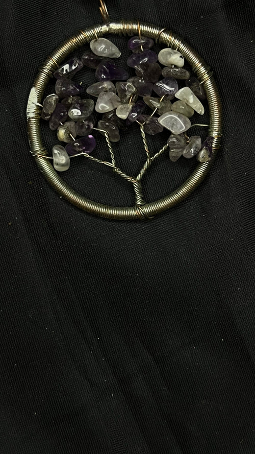 The Amethyst Tree — Tree of Life pendant with amethyst and clear quartz chips in a brass-tone wire ring