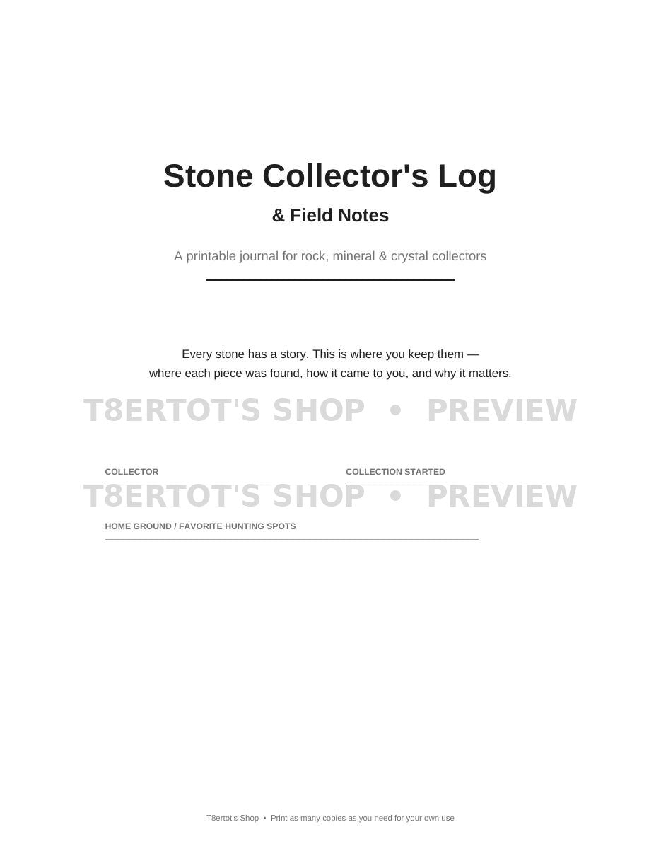 Stone Collector's Log — Printable Field Journal (18 Pages)