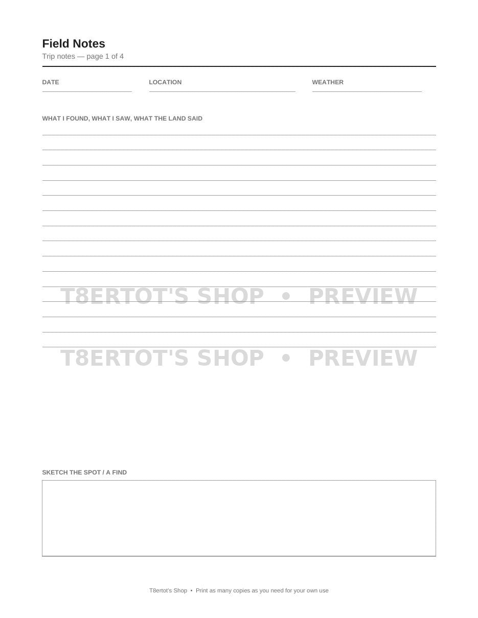 Stone Collector's Log — field notes page preview