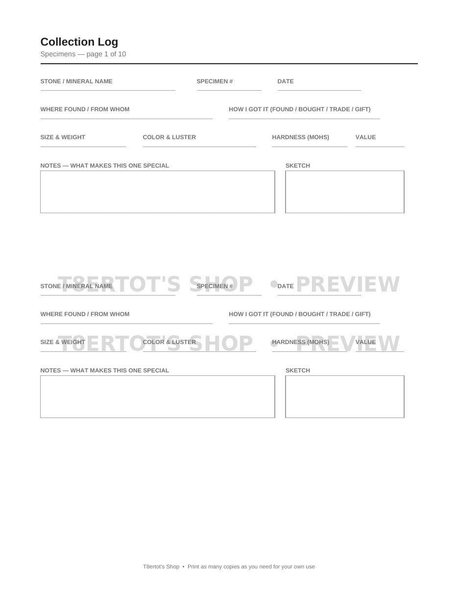 Stone Collector's Log — specimen log page preview