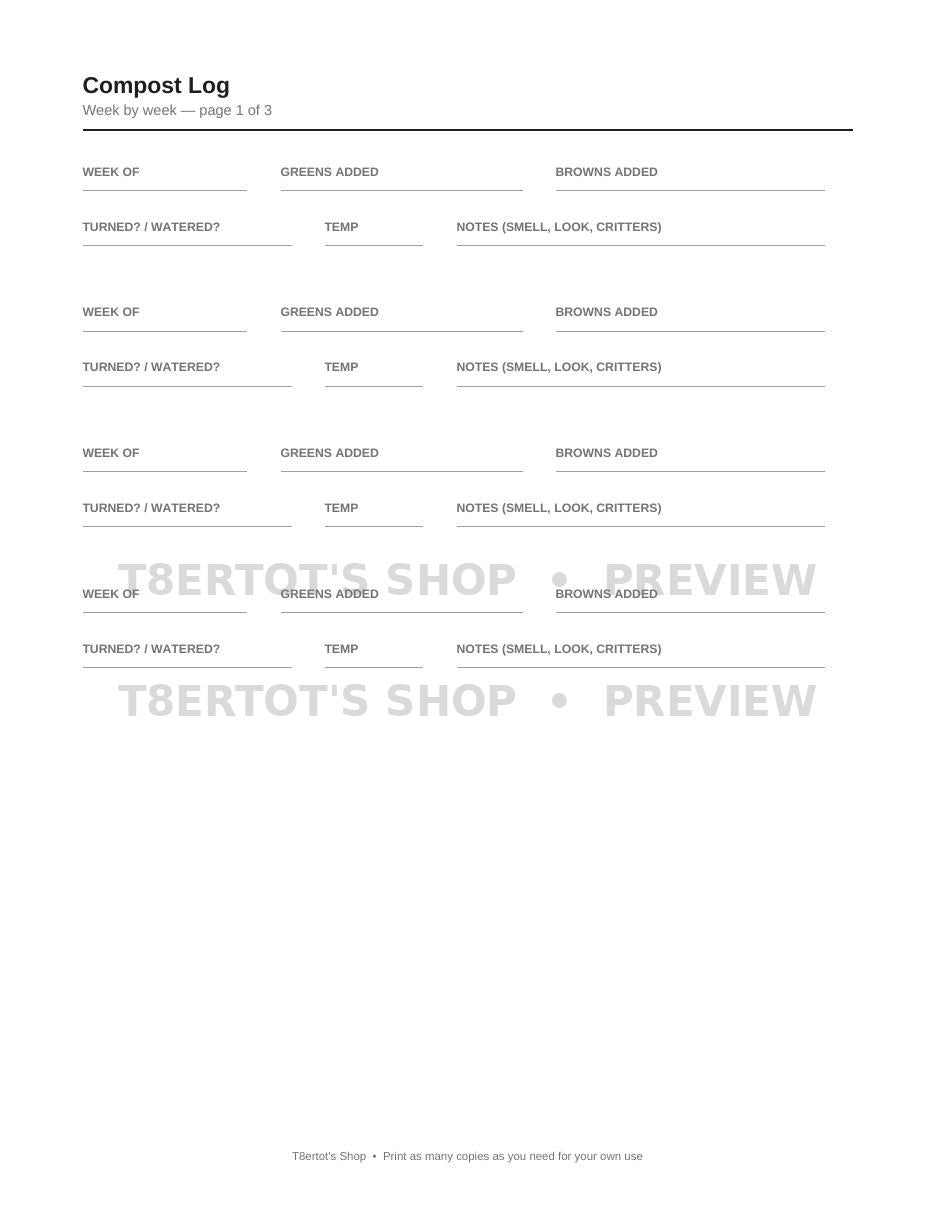 Garden Worksheets Trio — compost log page preview
