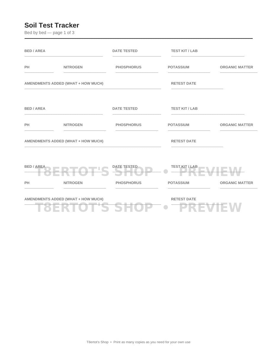 Garden Worksheets Trio — soil test tracker page preview